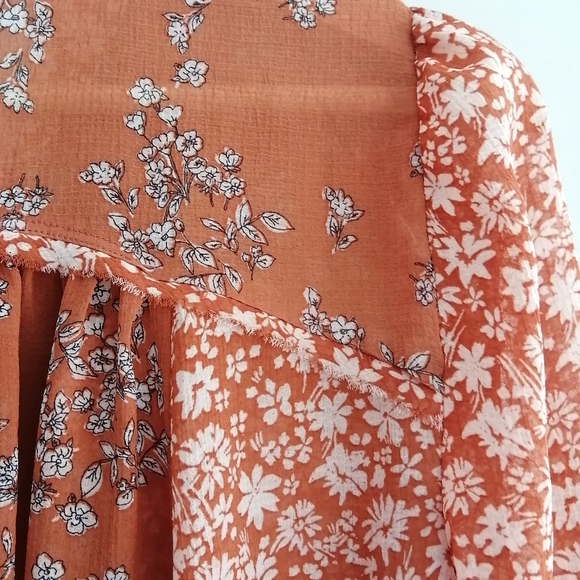Free People Serena Orange Floral Button Up Semi Sheer Blouse Oversize XS - Picture 12 of 13